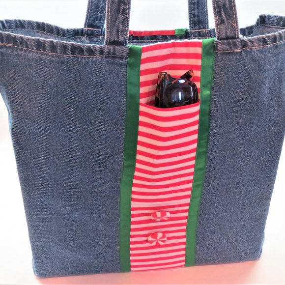 Peppermint Stripe Hand-Crafted Blue Denim Holiday Elf Tote Bag NEW with tags - Picture 2 of 4